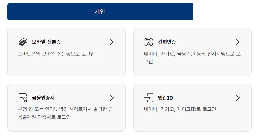 정부24 홈페이지 간편인증 화면