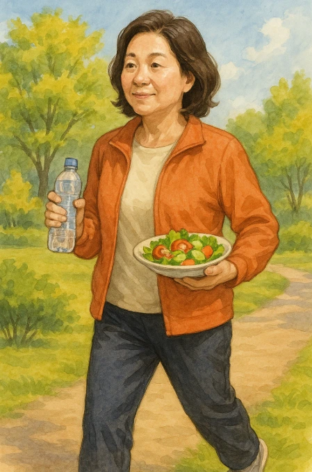 물과 샐러드를 들고 조깅하는 성실한 아주머니가 있는 사진