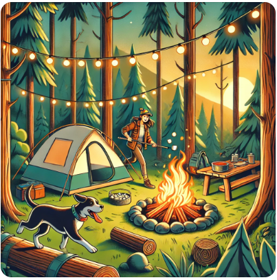 견주가 반려견과 함께 숲속에서 모닥불 피어 놓고 신나게 캠핑하는 장면을 이미지화한 그림