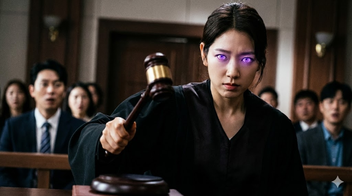 재판정에서 강빛나가 법봉을 내리치기 직전, 눈이 보라색으로 변하는 찰나의 순간