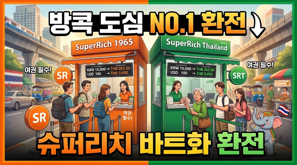 방콕 도심의 유명 사설 환전소인 슈퍼리치 앞에 줄을 서서 태국 바트화를 환전하는 여행객들의 모습