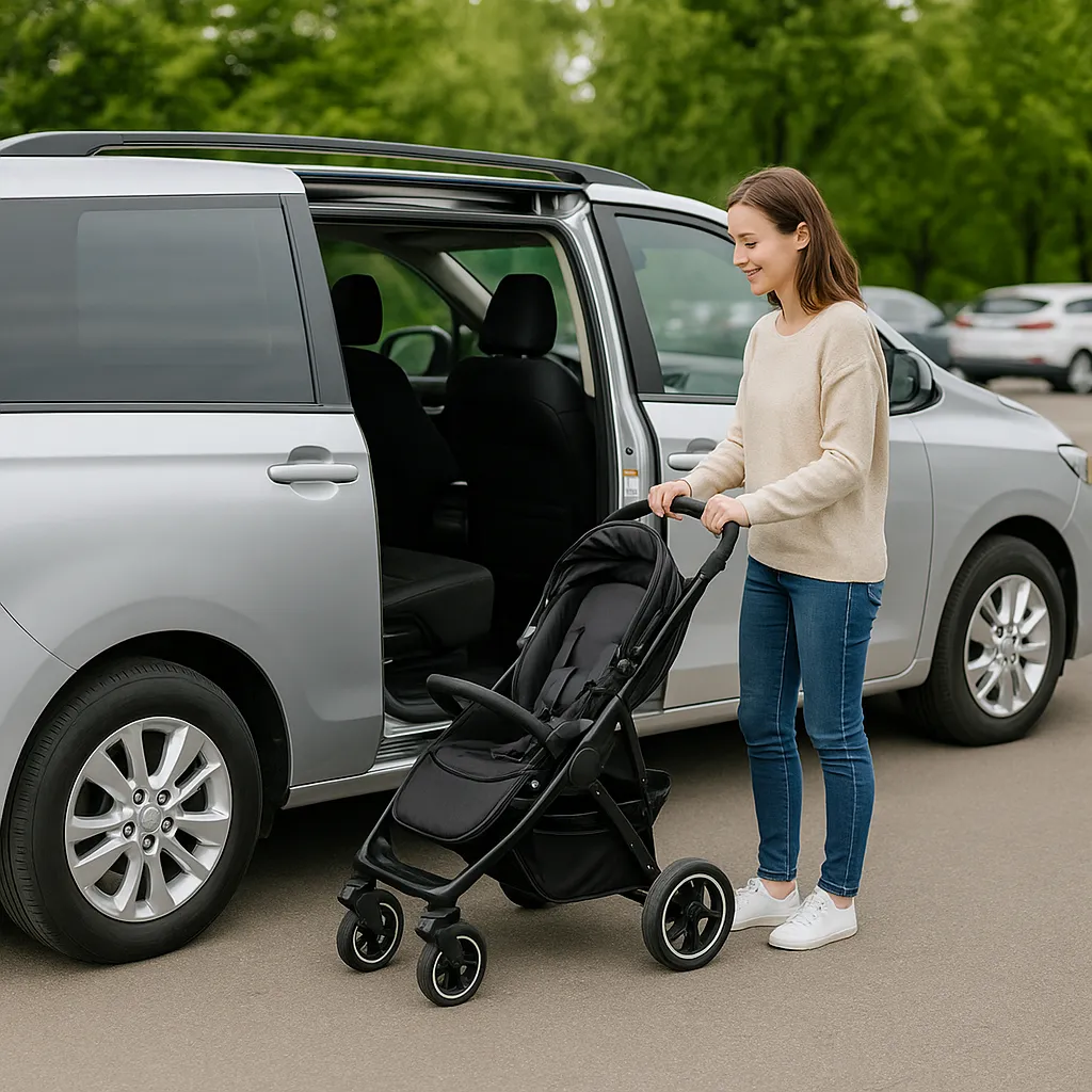 슬라이딩 도어가 열린 미니밴에 유모차를 싣는 어머니의 모습
