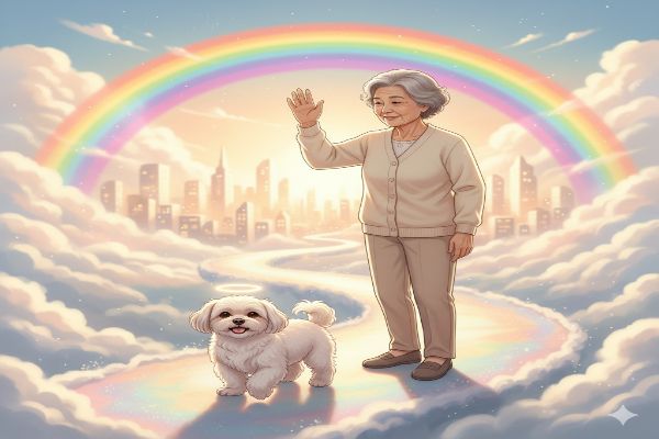 은은한 구름길 위를 강아지가 걸어가고, 보호자는 손을 흔들며 작별 인사를 하는 일러스트(구름 사이로 무지개가 떠있다)