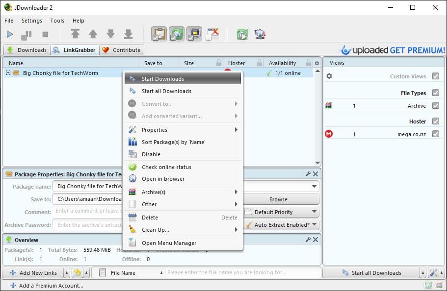 J다운로더2의 다운로드 시작 버튼