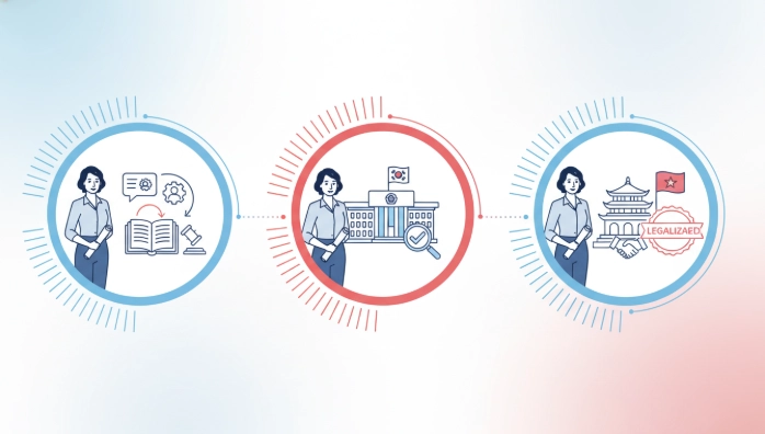 베트남 노동허가증 서류를 위한 한국 내 3단계 공증 절차를 보여주는 인포그래픽 이미지.