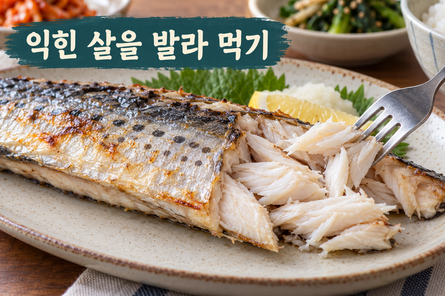 충분히 익힌 삼치의 흰 살을 포크로 발라 놓은 모습.