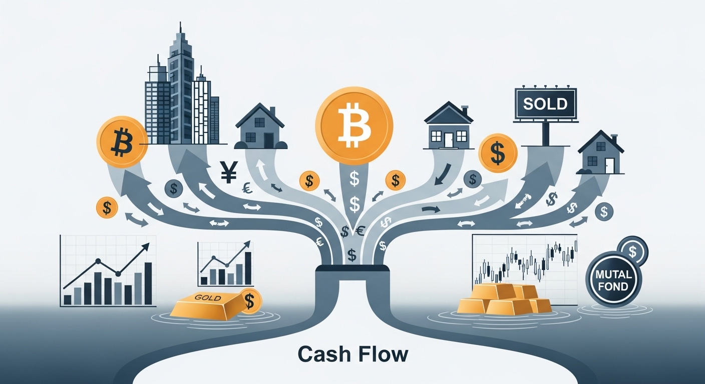 비트코인과 부동산 자산에서 현금 흐름이 발생하여 새로운 투자로 이어지는 개념도. 기요사키의 현금 흐름 철학을 시각화.