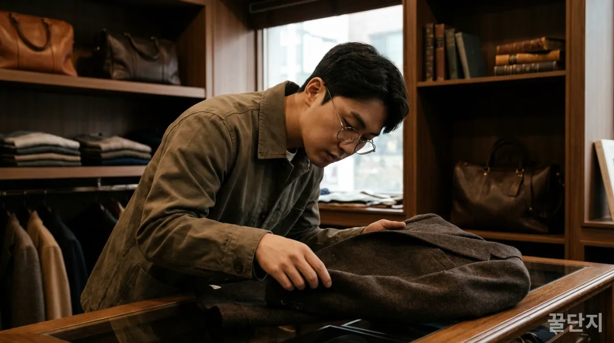 고품질 클래식 블레이저를 살펴보는 MZ세대 남성