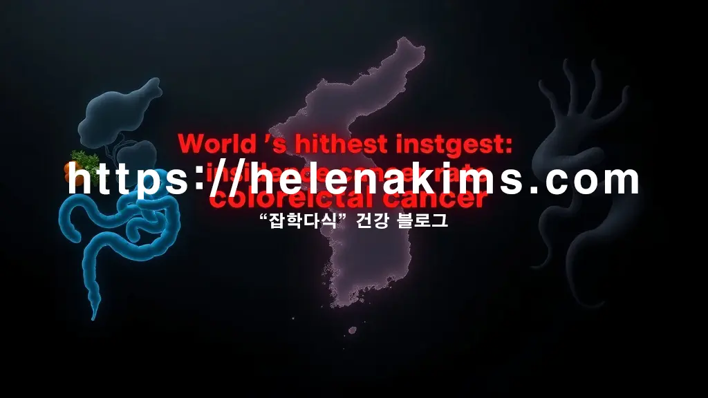 대한민국 지도가 보이고, 그 위에 **'대장암 발병률 세계 1위'**라는 영어 문구가 붉은색 경고 메시지로 강조됩니다.