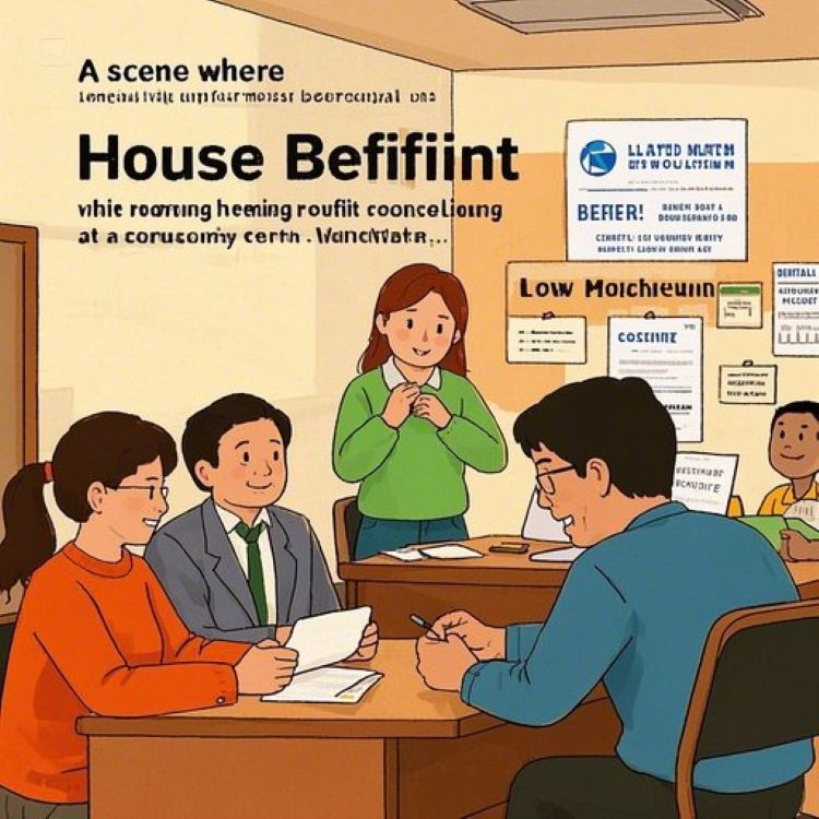 저소득 가구가 주민센터에서 주거급여 상담을 받으며 희망찬 표정을 짓는 장면. 따뜻한 색감(주황, 초록), 국토교통부 로고와 임대차 계약서 이미지가 포함된 디지털 일러스트레이션. 안정적이고 희망적인 분위기.