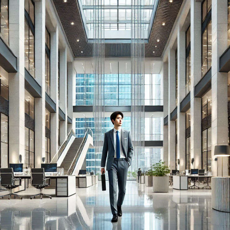 중소기업에서 일하는 청년이 회사에서 자신감 있게 걷는 모습