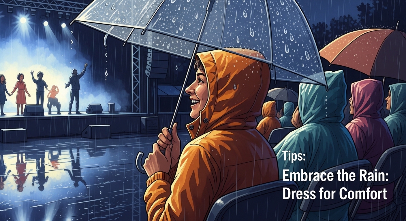 우천 시 우비를 입고 투명 비닐로 감싼 응원봉을 든 팬들의 모습 이미지