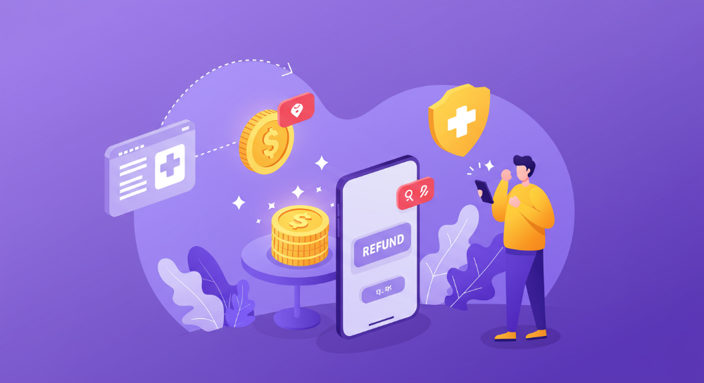 스마트폰으로 국민건강보험 환급금을 조회하며 기뻐하는 사람의 모습, 건강보험 심볼과 돈다발 아이콘이 배경에 빛나고 있음