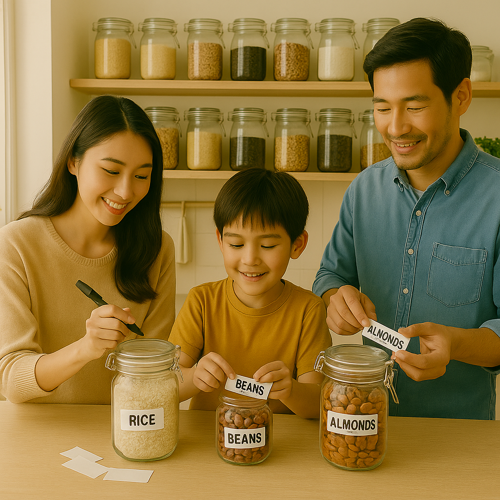 주방에서 용기 라벨링하는 모습