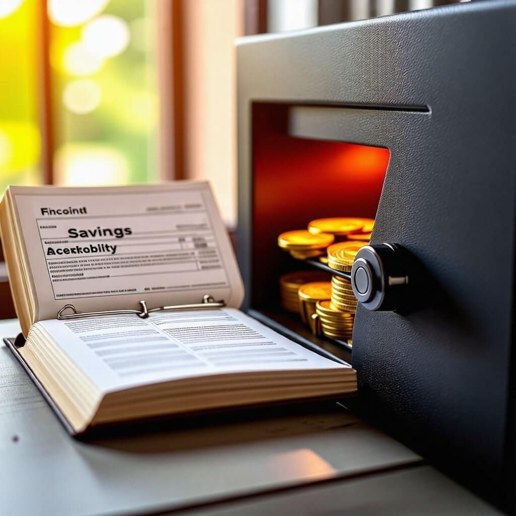 재정적 안정: 재정적 안정을 상징하는 이미지, 저축 통장이나 금고