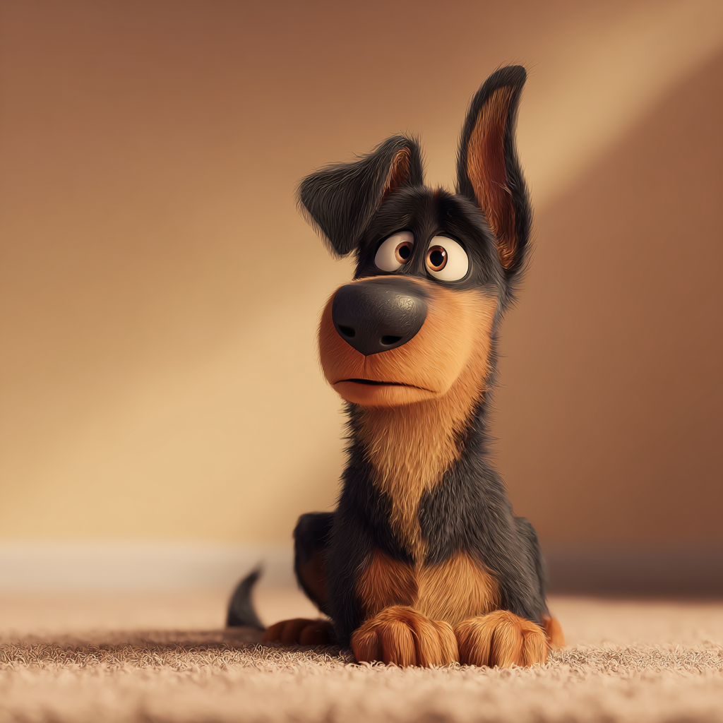 갑상선 저하증에 걸리기 쉬운 견종인 도베르만이 피곤한 표정으로 앉아있다, 픽사스타일 일러스트