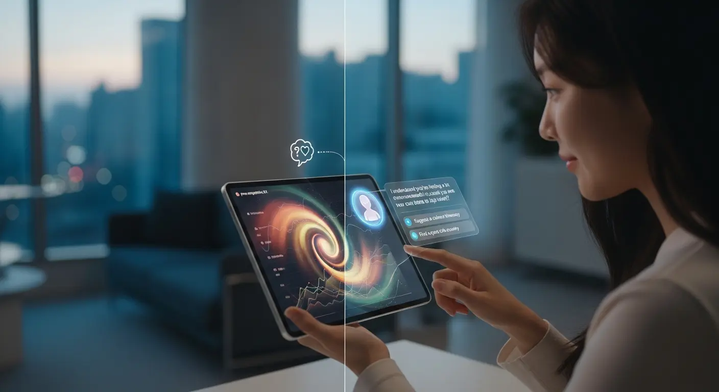 <img src="empathetic_chatbot_experience.webp" alt="AI 챗봇이 고객의 감정을 먼저 파악해 맞춤형 도움을 제공하는 선 공감 UX를 표현한 이미지입니다">