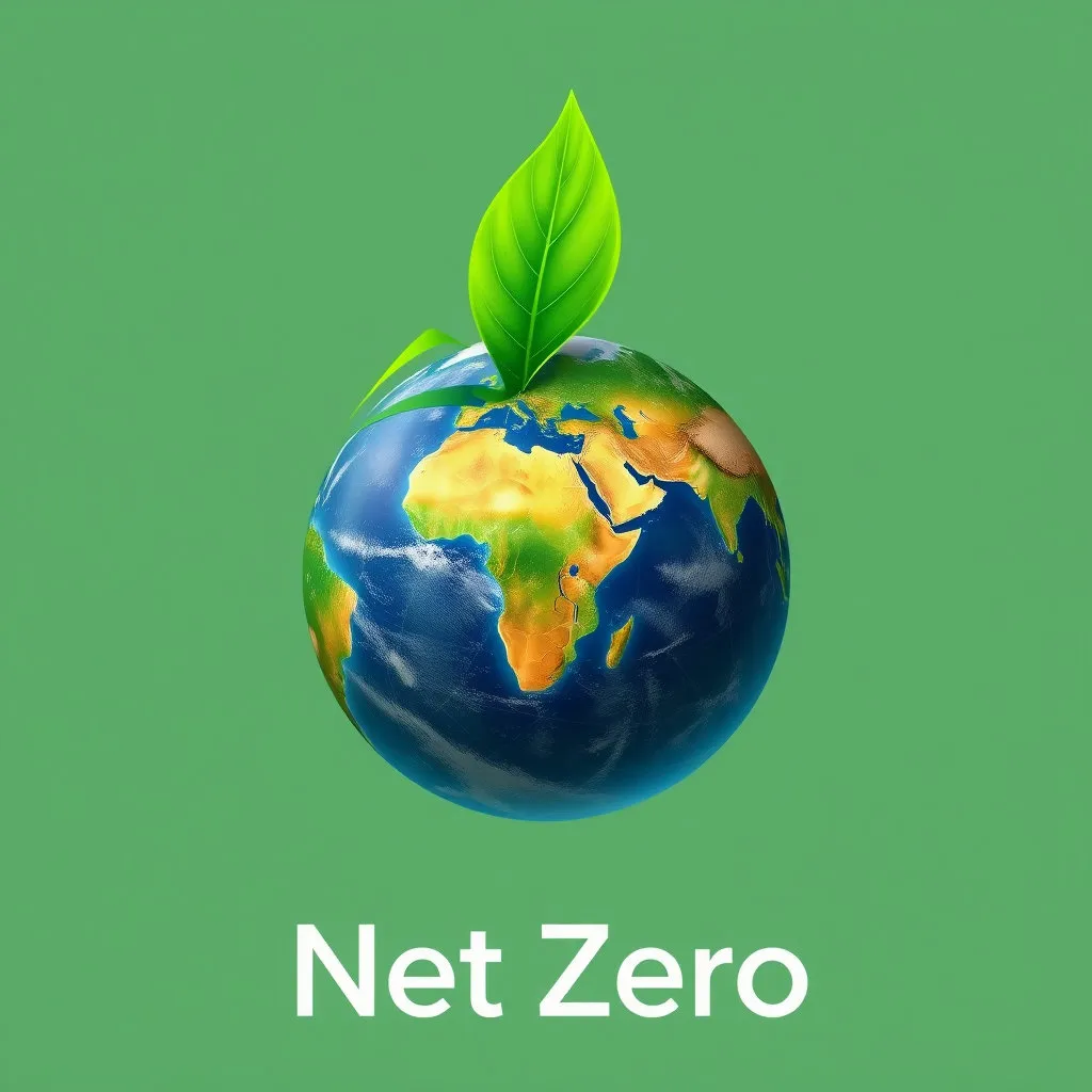 지구본 위에 나뭇잎 모양의 성장 그래프가 위로 향하고, 아래에는 'Net Zero' 또는 '탄소 중립'이라는 문구가 함께 있는 이미지입니다. 전 세계적인 환경 보호의 노력을 표현합니다.