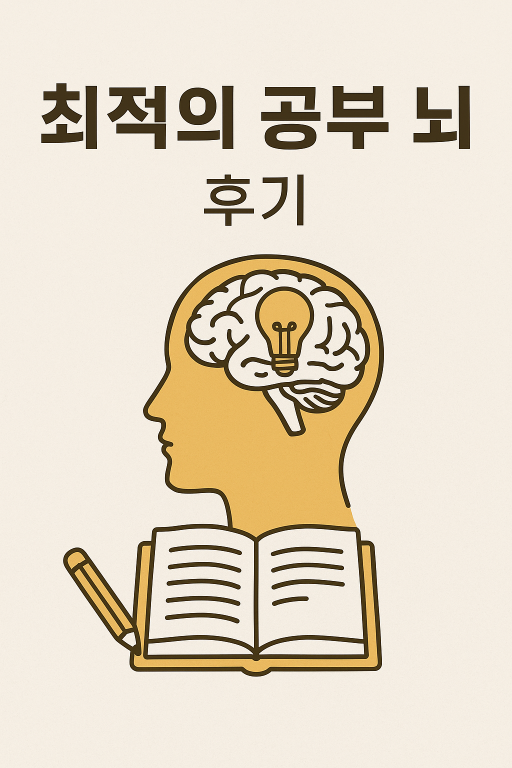 "책 표지 스타일의 일러스트로, 노란색 사람 옆얼굴 안에 뇌와 전구가 그려져 있고 아래에는 펼친 책과 연필이 놓여 있다. 상단에는 '최적의 공부 뇌 후기'라는 글자가 적혀 있다.