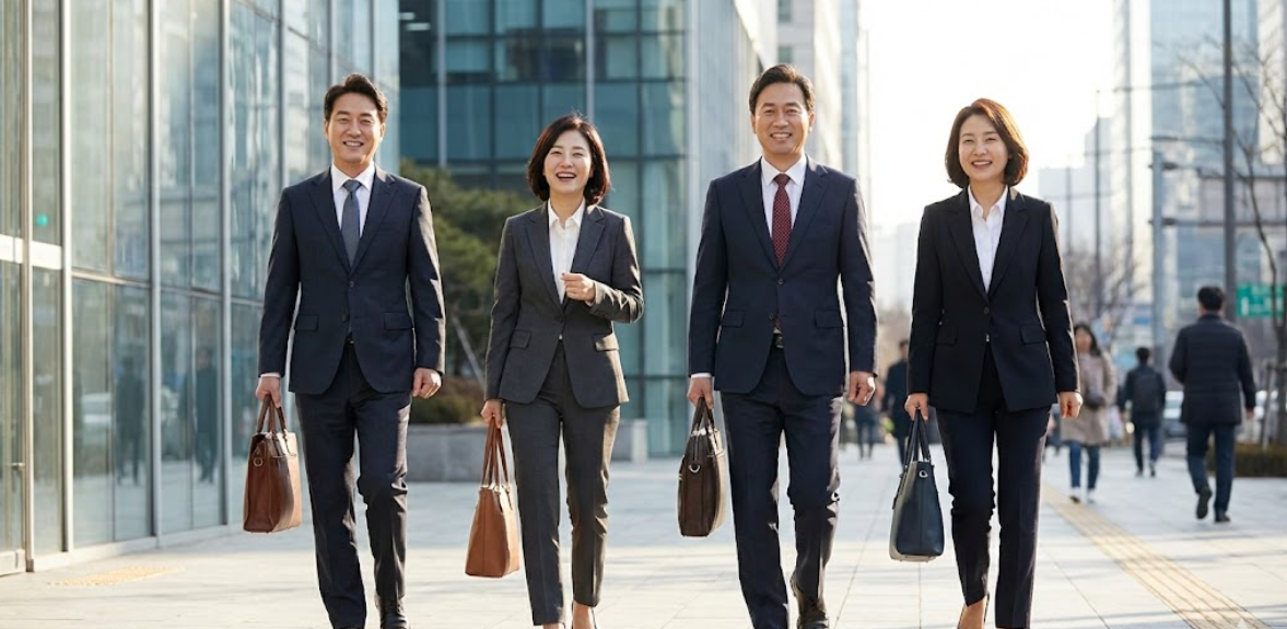 정장을 입은 중장년 남녀가 밝은 표정으로 서류 가방을 들고 당당하게 걷는 모습