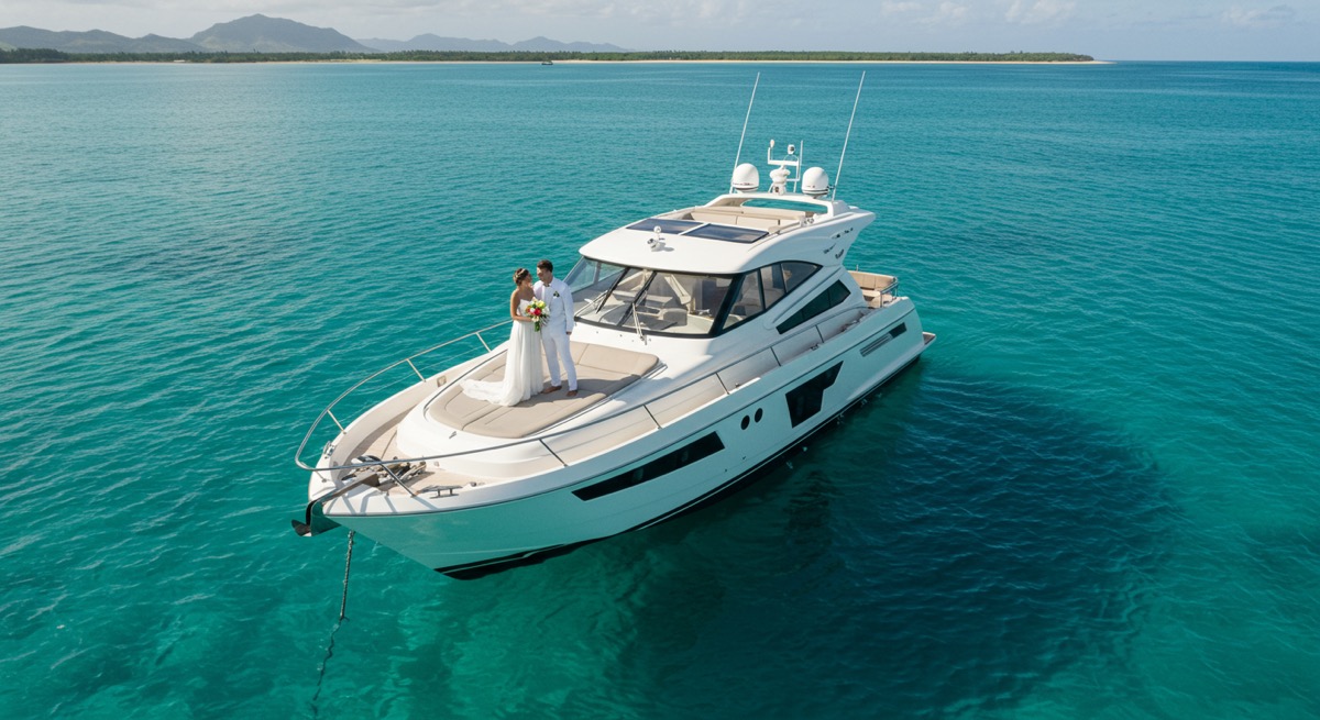 롬복 길리섬의 에메랄드빛 바다에서 프라이빗 요트 투어를 즐기는 신혼부부