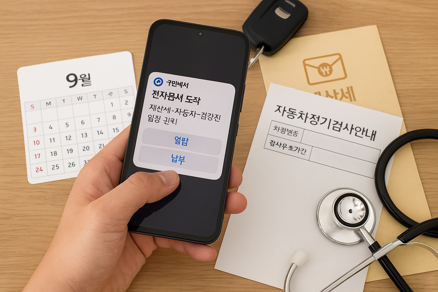 국민비서 전자문서 도착 알림과 9월 달력·재산세 봉투·자동차검사 안내