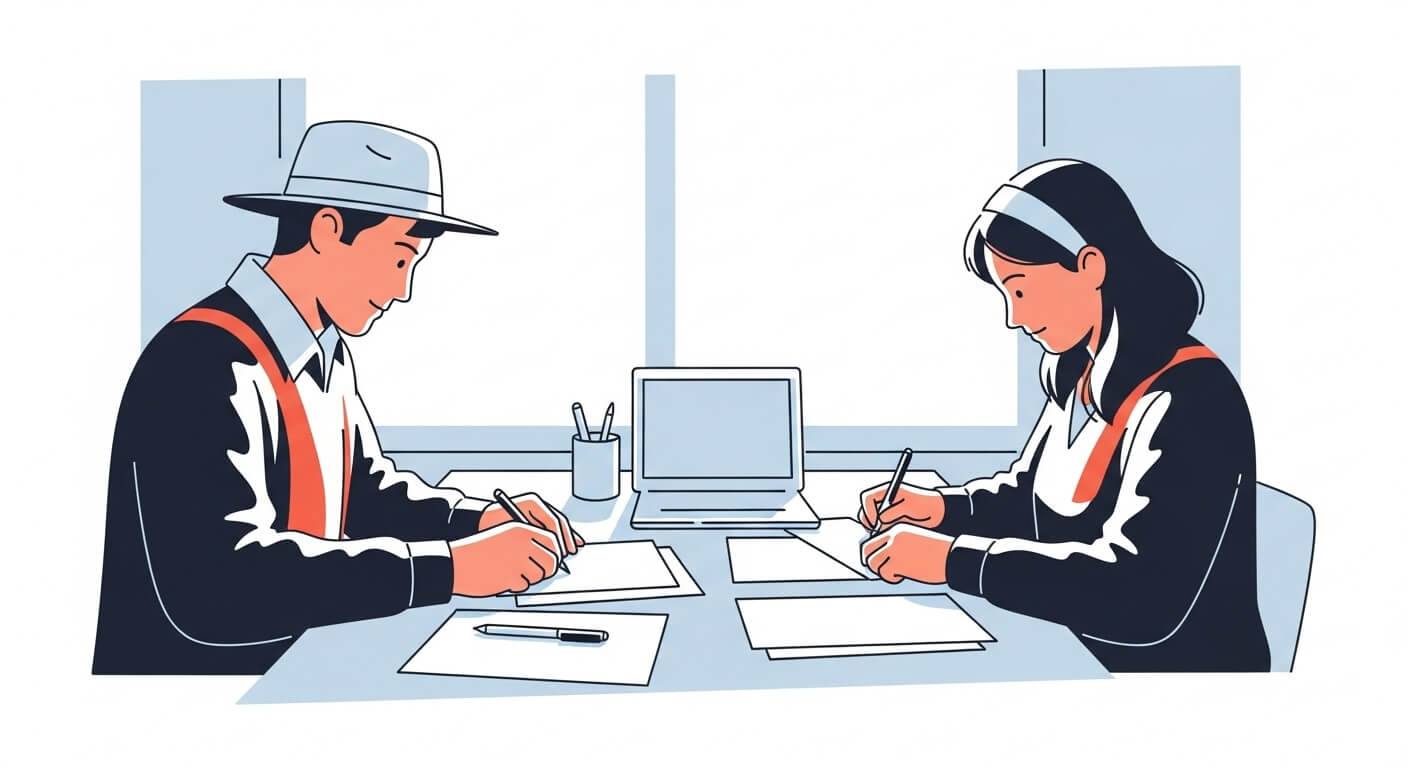 농촌 주민이 책상에서 신청서류를 준비하는 장면. 3