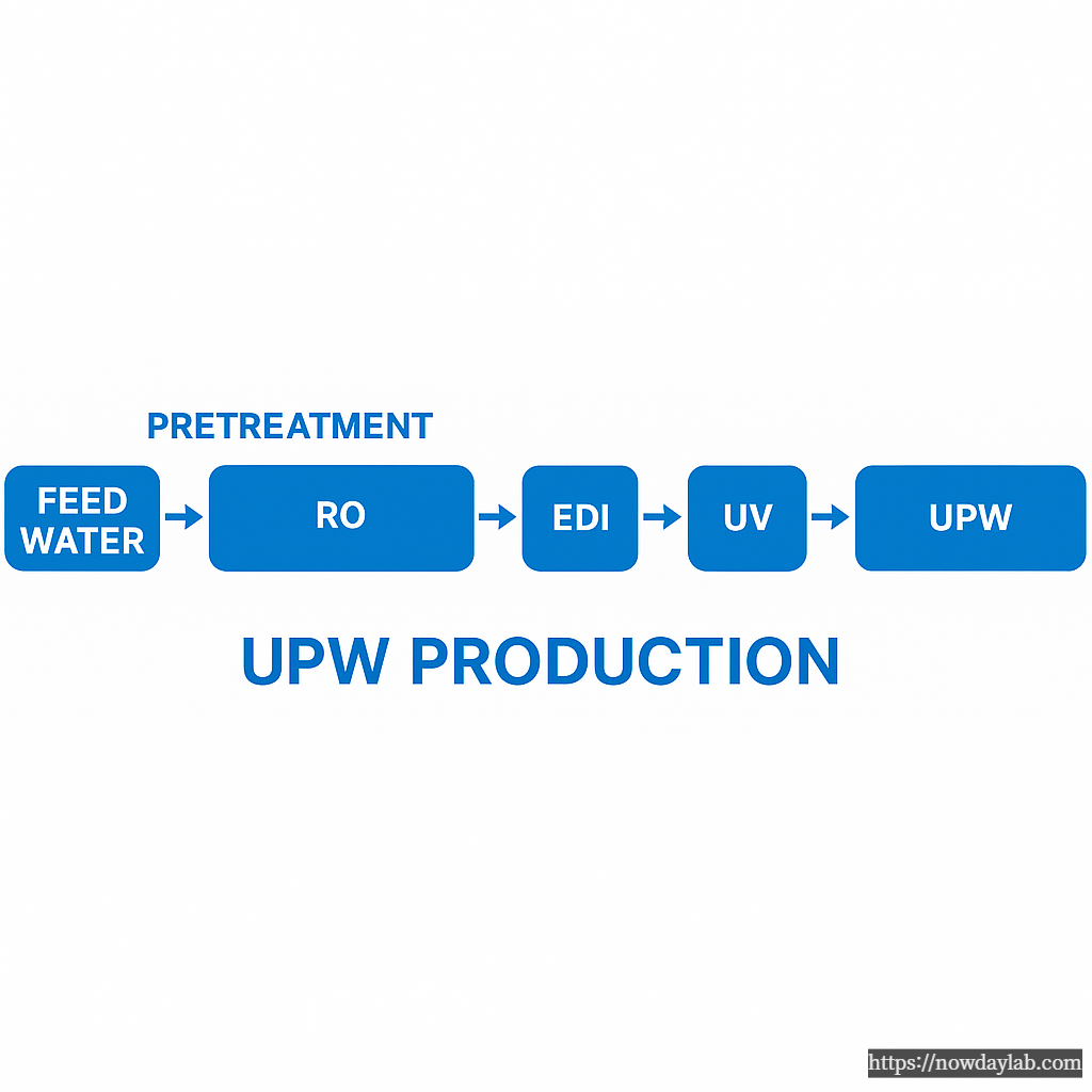 Ultra Pure Water production flowchart showing feed water, pretreatment, reverse osmosis (RO), electrodeionization (EDI), ultraviolet treatment (UV), and final UPW output in semiconductor facilitie