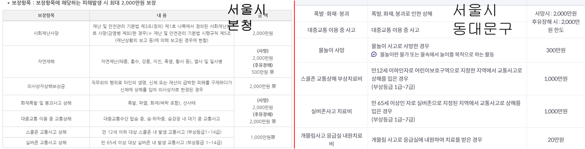 서울시 본청과 서울시 동대문구 보장내용