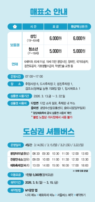 2026 광양매화축제, 입장료, 셔틀버스, 개화율, 주차