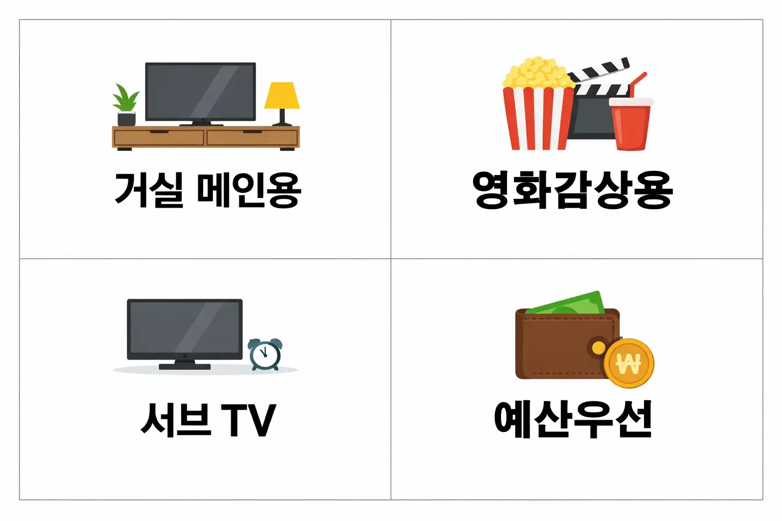 거실 메인용 서브 TV 영화 감상용 등 사용 환경에 따라 가성비 TV를 어떤 기준으로 선택해야 하는지 정리한 추천 조합 이미지