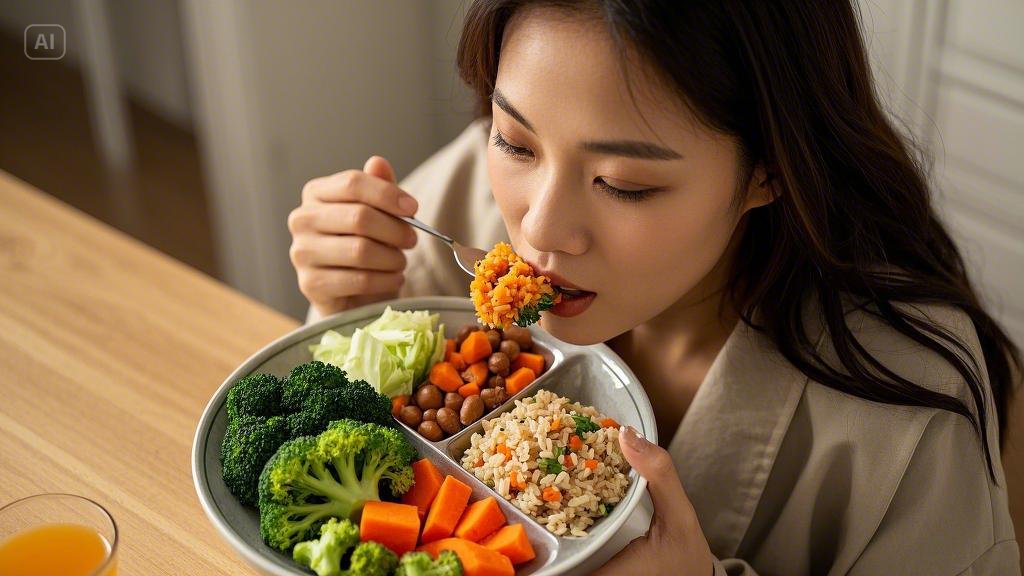 A woman is eating healthy food.