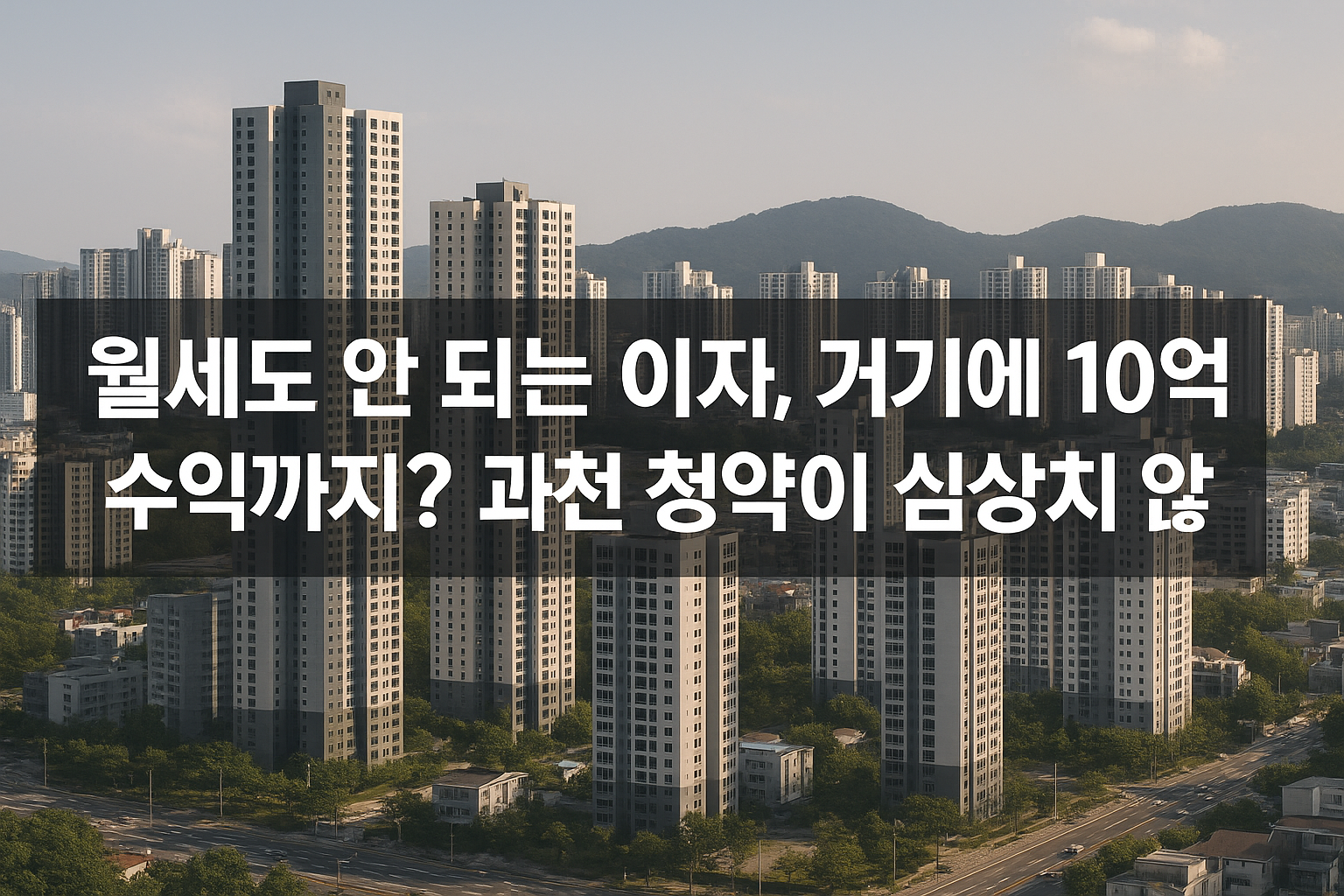 산과-맞닿은-배경에-고층-아파트-단지가-즐비하게-늘어서-있는-과천-도심-전경-이미지-중앙에-반투명-검정-배경-위에-흰색-굵은-한글-텍스트로-월세도-안-되는-이자-거기에-10억-수익까지-과천-청약이-심상치-않다-라는-제목이-적혀-있음