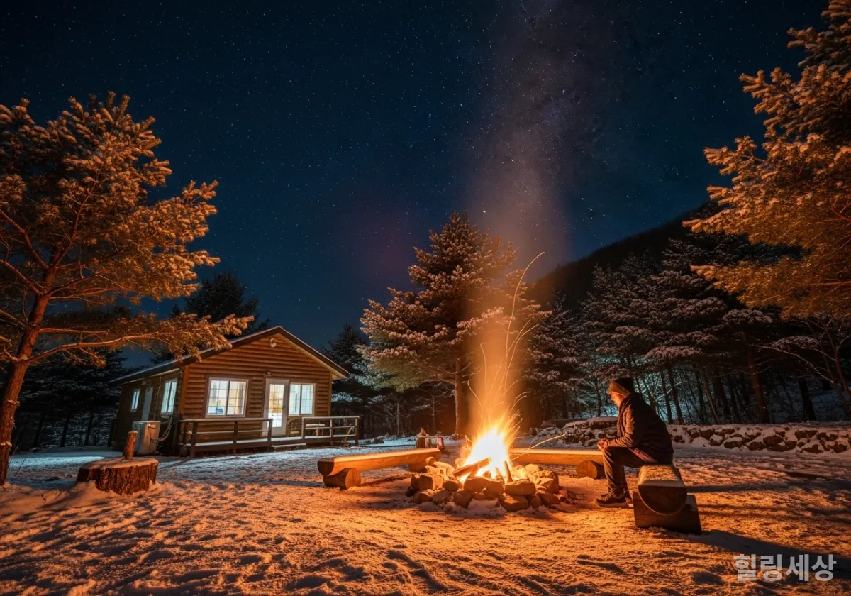 강원도 영월의 설경 속 불멍과 밤하늘