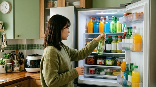 탄산음료와 달콤한 음료를 고르는 손의 장면