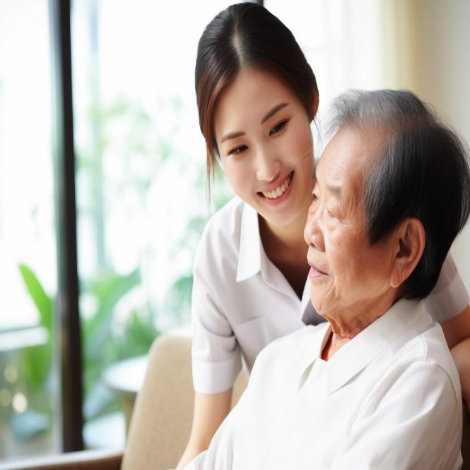 호스피스 환자의 손을 잡고 이야기 나누는 사회복지사