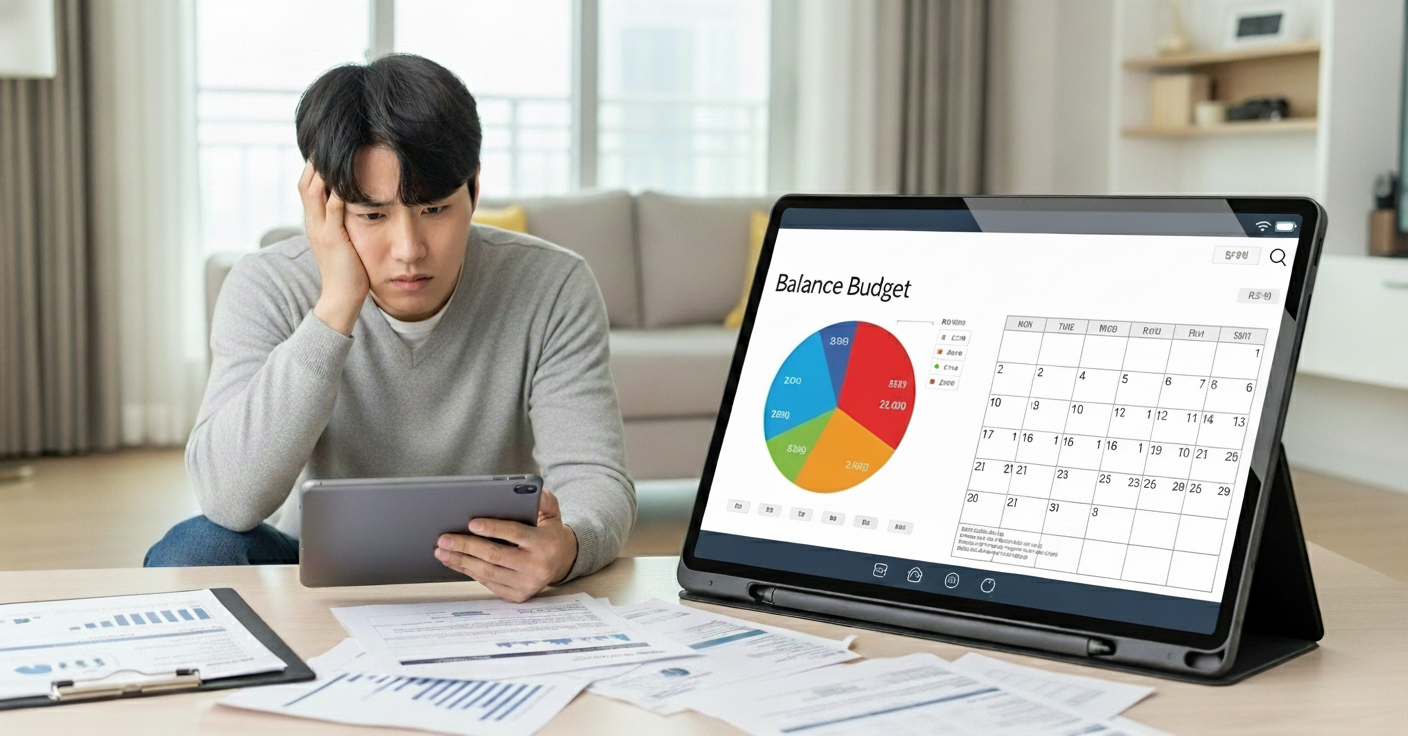 복잡한 재정 계획표를 보며 스트레스받는 한국인 남성이 테이블에 앉아 있는 모습. 50-30-20 법칙 적용의 어려움을 상징.