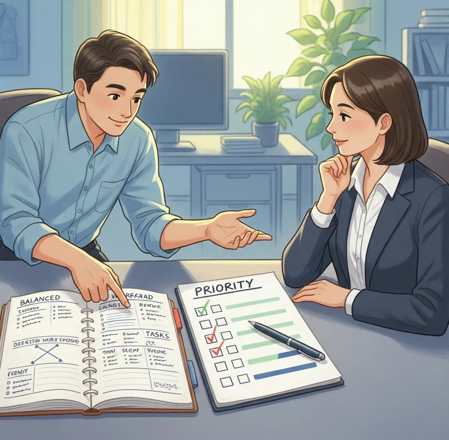 업무 일정 설명하는 사무실 장면