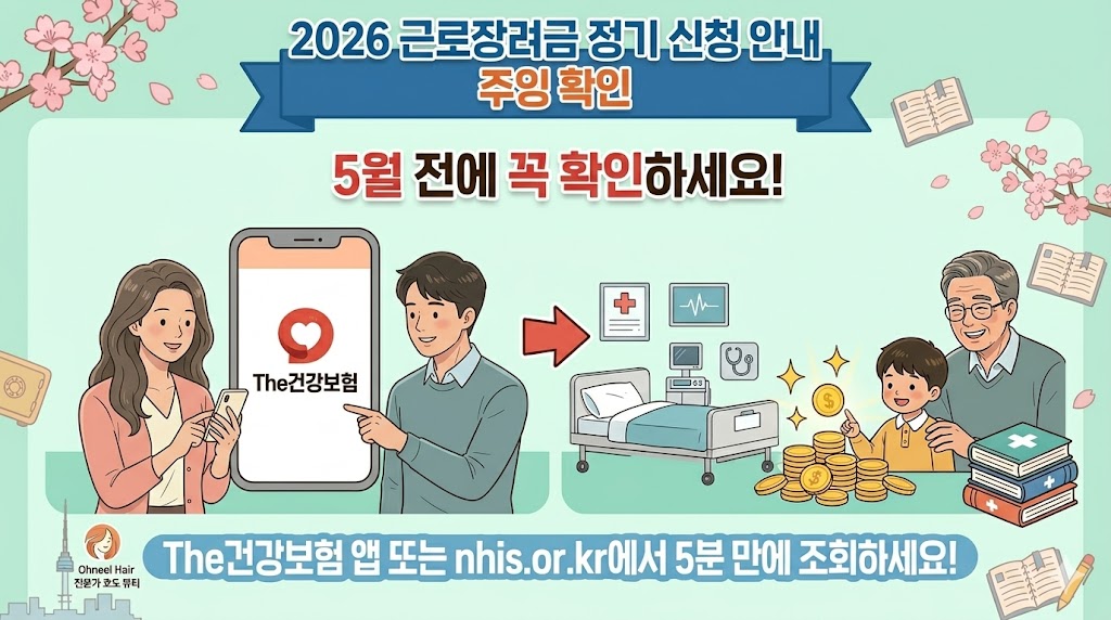 2026년 근로장려금 정기 신청 안내 썸네일. '5월 전에 꼭 확인하세요!'라는 긴급 문구와 함께 모바일 앱 및 PC 홈페이지(nhis.or.kr)를 통한 5분 조회 방법을 강조하고, 가족 돌봄과 경제적 혜택을 상징하는 일러스트가 포함된 이미지