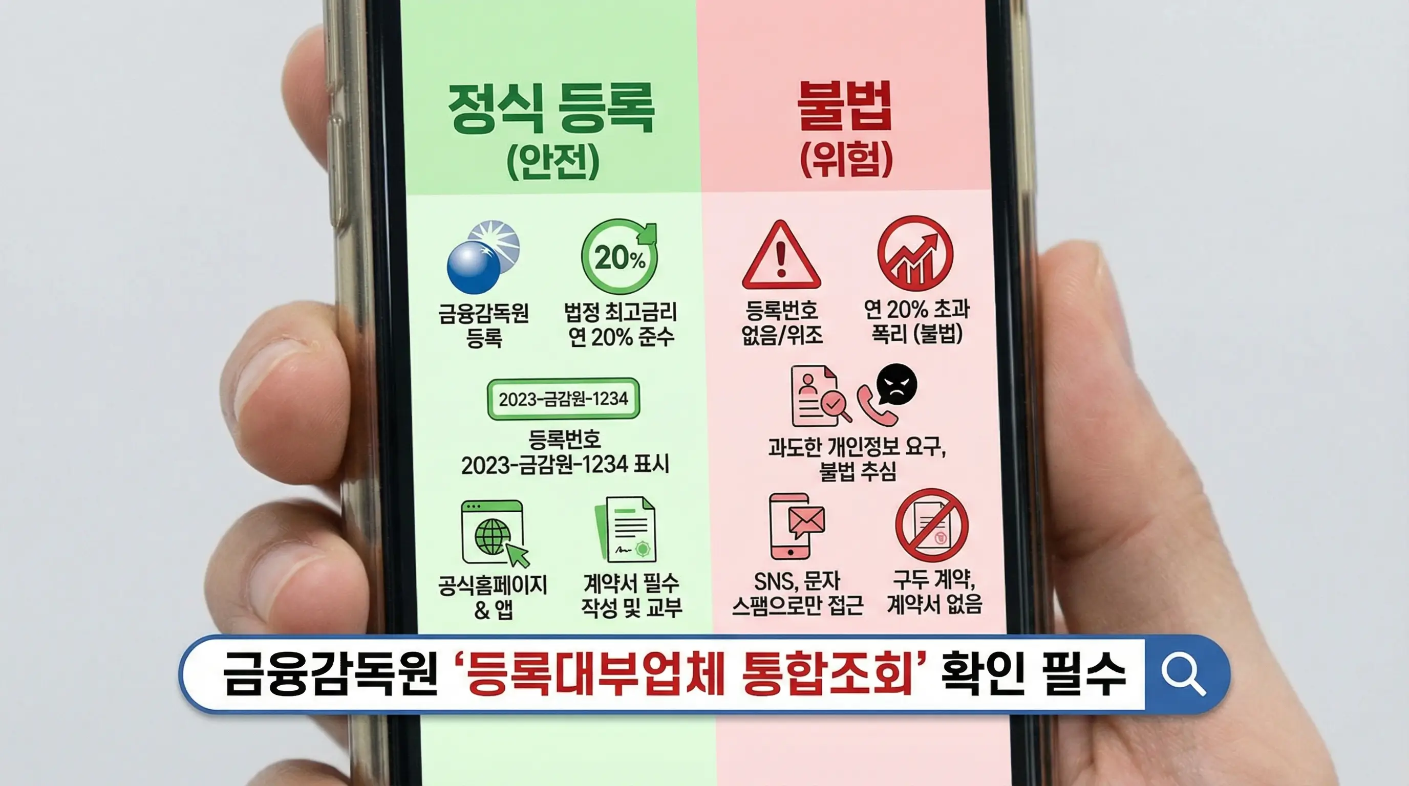 안전한 정식 등록 대부업체와 불법 업체를 구별하는 방법을 보여주는 스마트폰 화면
