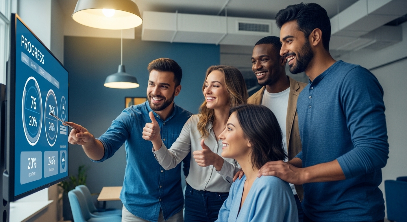 함께 목표를 공유하고 서로 응원하는 사람들의 모습. 사회적 지지가 습관 형성에 미치는 긍정적 영향을 나타냄