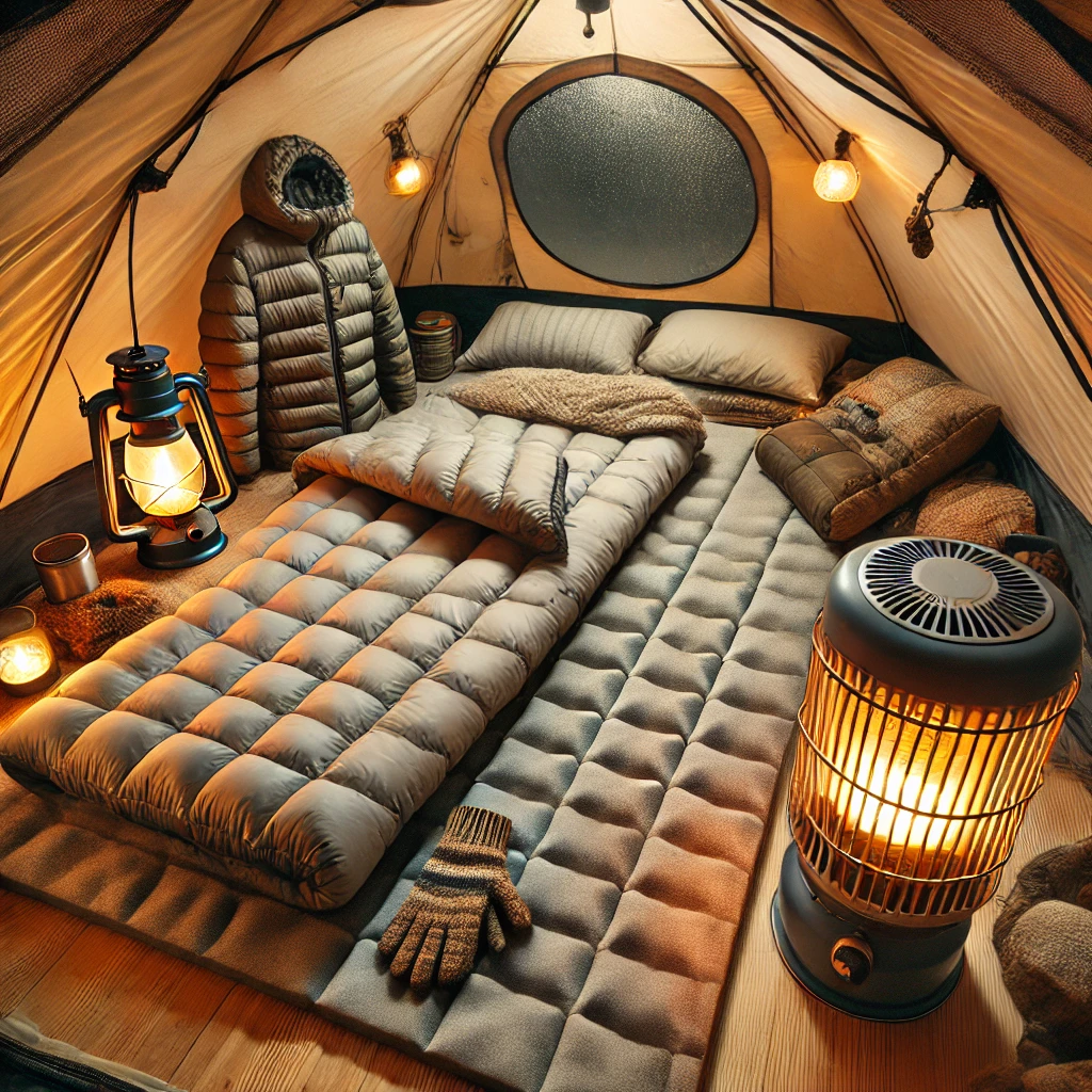 동계 캠핑을 즐기기 위해 텐트 내부에 각종 방한용품들을 비치한 텐트 내부 모습의 사진