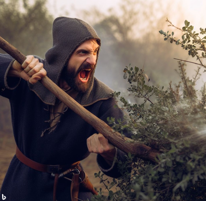 큰 소리를 내며 덤불 주위를 막대기로 치는 중세 사람(made by Bing)