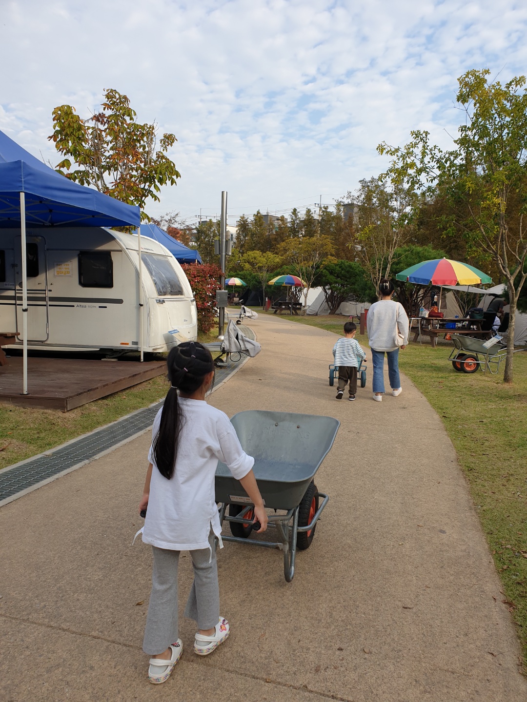 수레로 짐 옮기는 사진