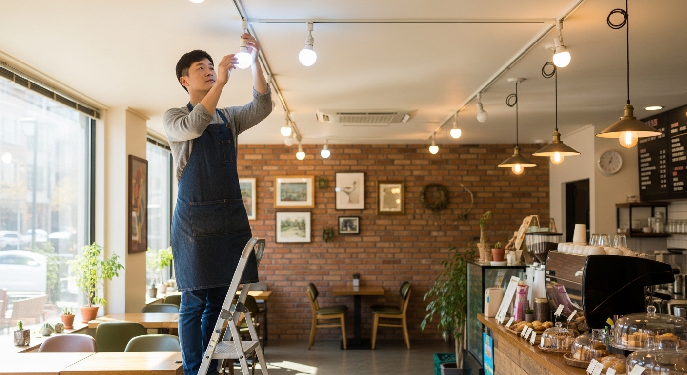 LED 조명으로 교체하는 자영업자 모습