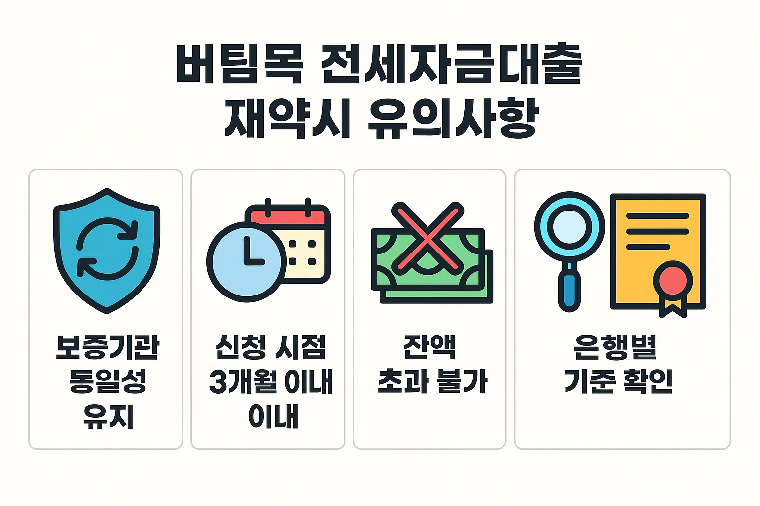 버팀목 전세자금대출 대환 또는 재약정 시 유의해야 할 사항을 정리한 인포그래픽. 보증기관 동일성 유지, 신청 시점 3개월 이내, 잔액 초과 불가, 은행별 기준 확인 등 핵심 주의 포인트를 시각적으로 전달한 이미지.