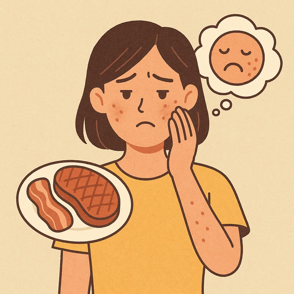 고기를-많이-먹은-뒤-피부-트러블로-고민하는-여성의-모습으로,-단백질과-지방의-과잉섭취가-피지-분비와-피부-염증에-미치는-영향을-표현한-건강-일러스트