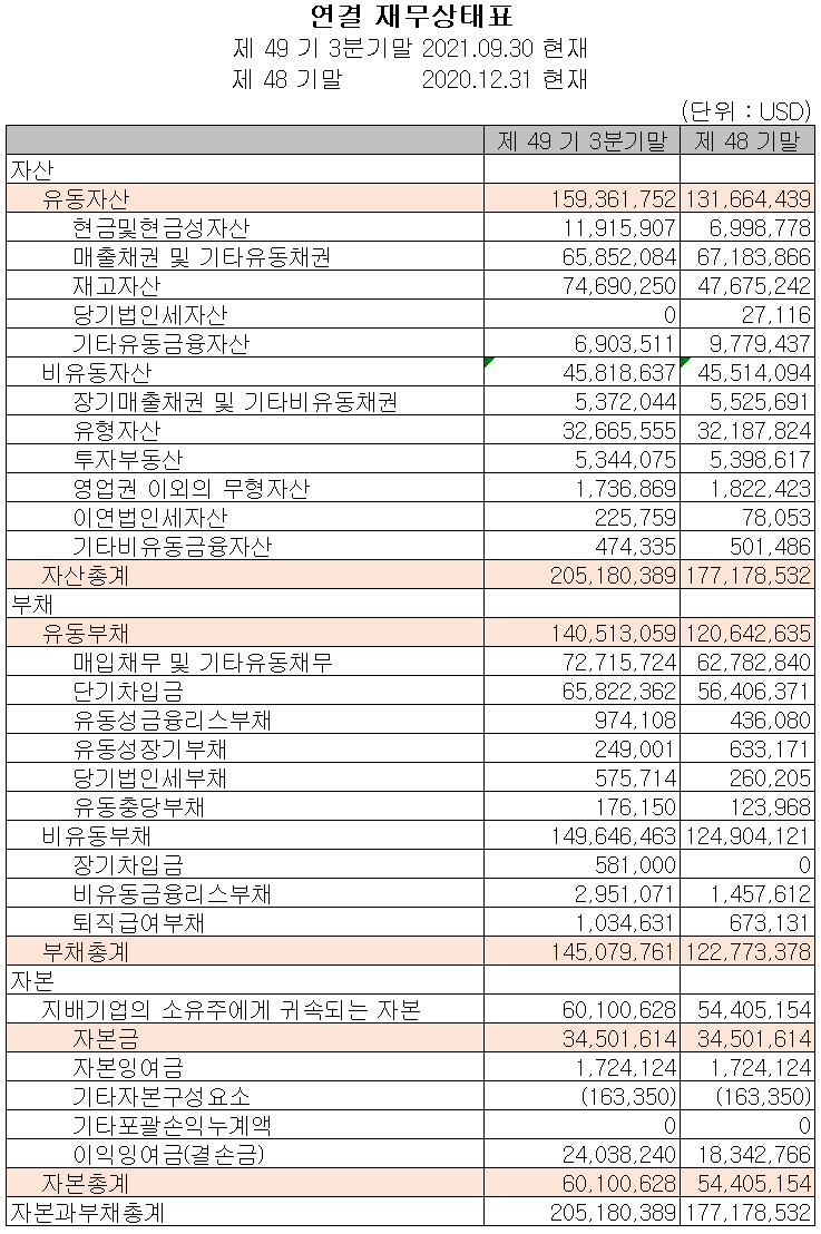 아남전자(주) 재무상태표