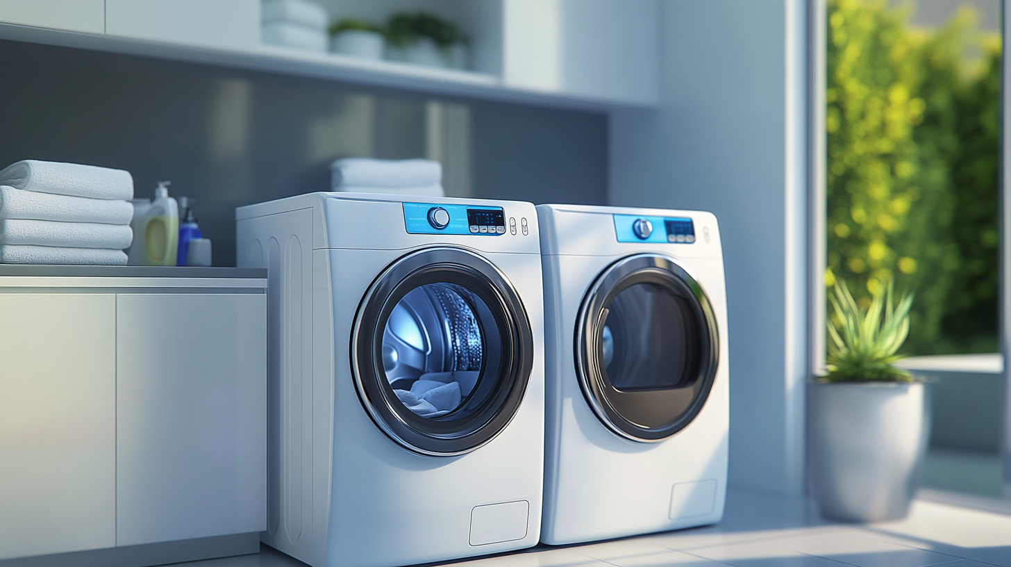 밝고 깨끗한 환경에서 AI 기능을 갖춘 세련되고 현대적인 디자인의 삼성 세탁기와 건조기가 있는 현대적인 세탁실