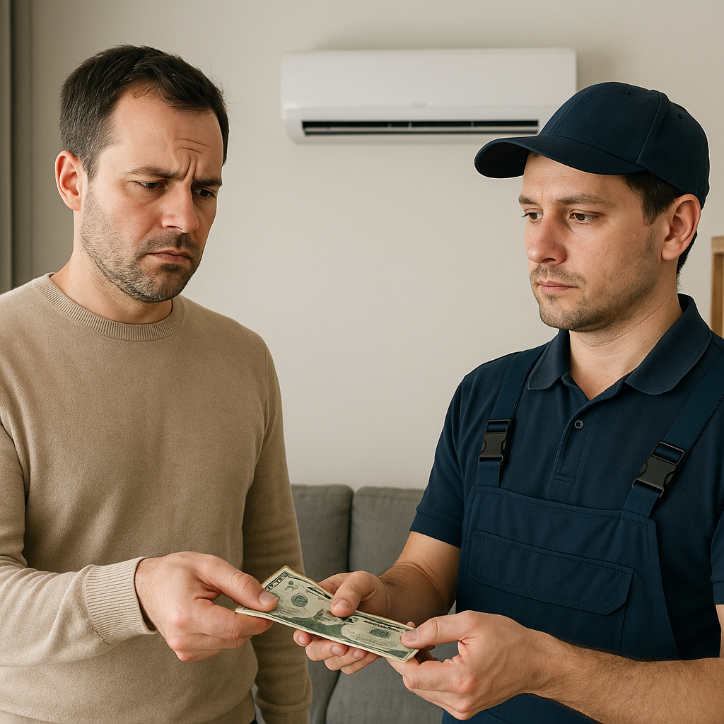에어컨 기사에게 불필요한 수리비를 건네며 의심하는 소비자